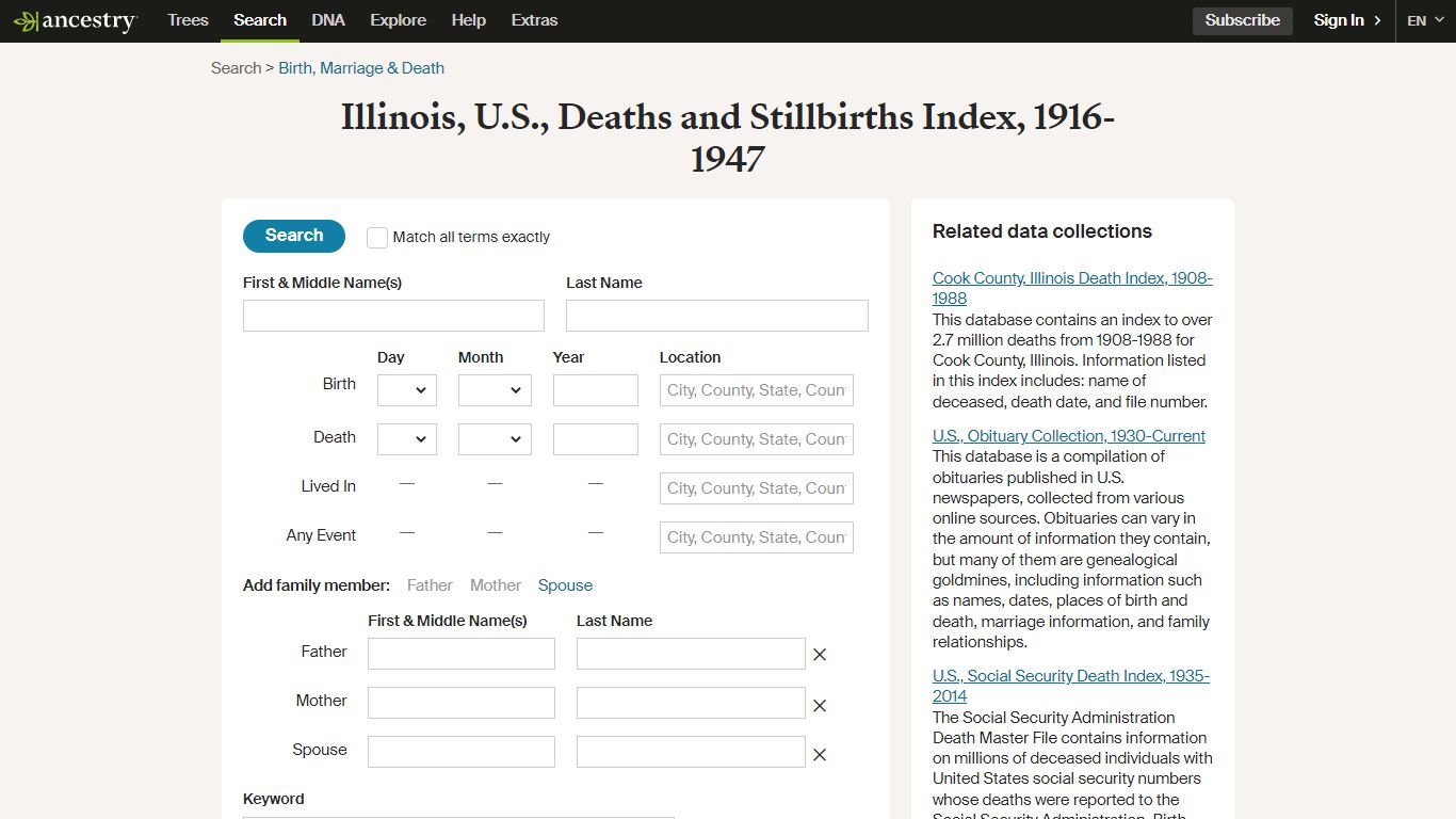 Illinois, U.S., Deaths and Stillbirths Index, 1916-1947